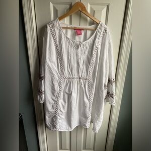 Woman Within White Cotton 3/4 Sleeve Cotton Top Embroidered Trim Blouse Size 5X